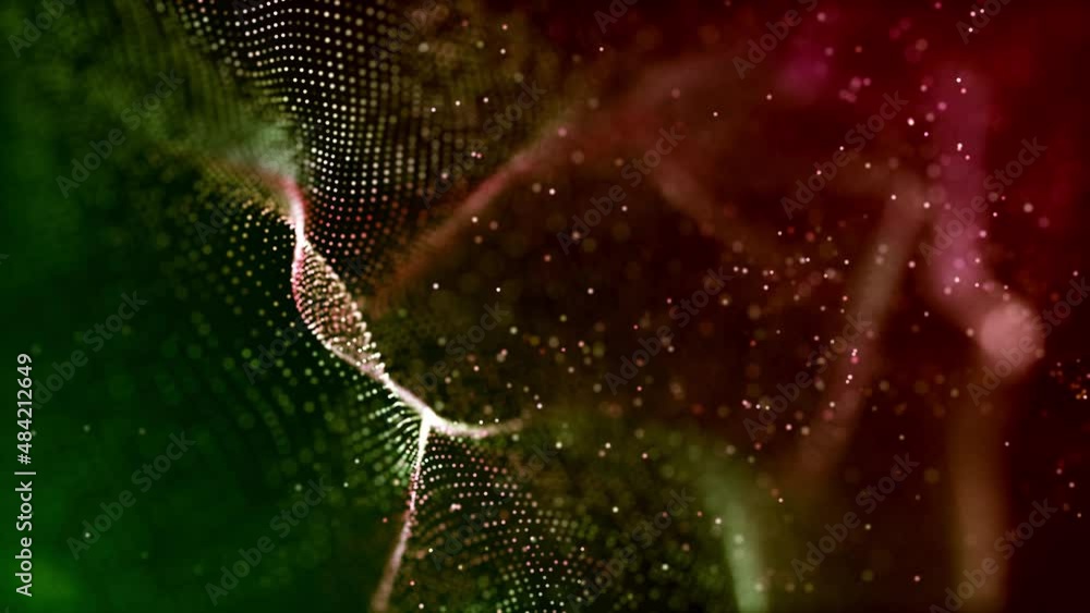Poster abstract artistic green and red brown blurry focus dynamic wave dotted lines and glitter dust digita