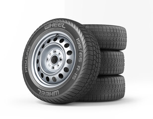 Stack of classic car wheels without brand on a white background. 3d illustration