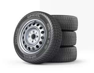 Fotobehang Stack of classic car wheels without brand on a white background. 3d illustration © sveta