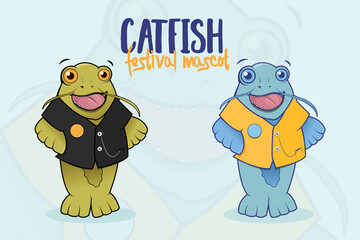Laughing Catfish with Pin, Waistcoat. Vector Illustration Festival Mascot. Stock Vector Logo Character
