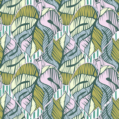Scribble monstera leaves tropical seamless pattern. Embroidery palm leaf endless wallpaper.