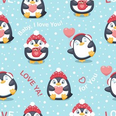 Naklejka premium Seamless pattern with cute penguins, hearts and snowflakes. Vector illustration.