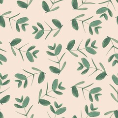 Seamless pattern with different branches of Eucalyptus Silver Dollar on a beige background. Illustration of greenery, foliage and natural leaves. Template for floral textile design.