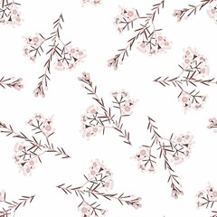 Abstract colored tropical flowers plant seamless illustration. Simple herbal pattern with pink flowers. Seamless fabric white background.