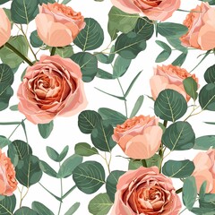 Floral Seamless Pattern with creamy roses flowers and eucalyptus leaves. Blooming Flowers on white Background.	
