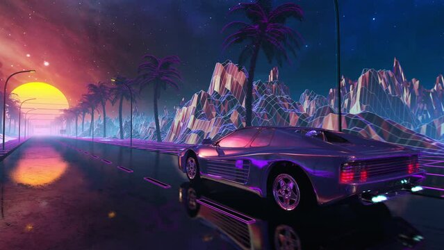 80s retro futuristic drive seamless loop with vintage car. Stylized sci-fi landscape race in outrun VJ style, night sky. Vaporwave 30 fps 3D animation background for EDM music video, DJ set, club. 4k