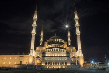 The Kocatepe Mosque at night in Ankara, the capital of Turkey