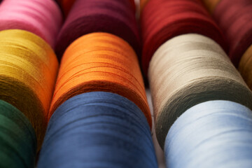 Colorful thread spool background, close-up