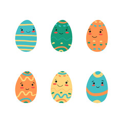 Cute Easter decorated eggs characters set. Kawaii Easter eggs with faces and brushstroke painting, spots and lines. 