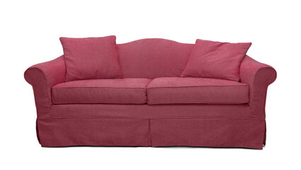 Pink sofa with two pillows isolated on white background. Pink classic style couch with upholstery cover