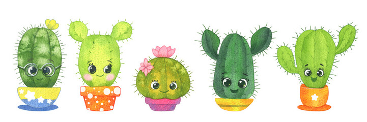 Cactus.  Drawing watercolor illustration isolated on a white background, cute cactus character in cartoon style. Cute plants cacti succulents in pots. - 484216220