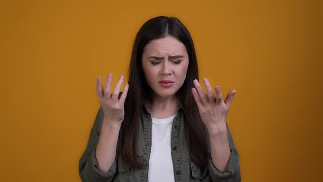 Lady stupor wrong decision not like isolated vibrant color background