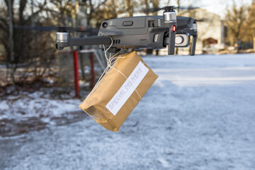 Stockholm, Sweden  A drone flies with a package that says special delivery.