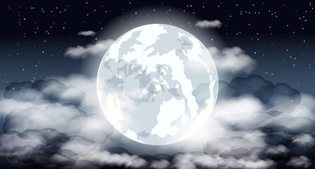Vector illustration. Moon in the clouds. Starry sky.
