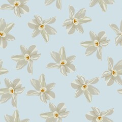 Retro flower seamless pattern - daffodils. Spring flowers narcissus. Blue background. 