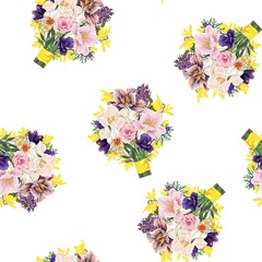 Seamless garden spring floral pattern,  watercolor style flower, tulip, lilac, daffodil bouquet. Illustration design for fashion textile, texture, fabric, wallpaper, cover.