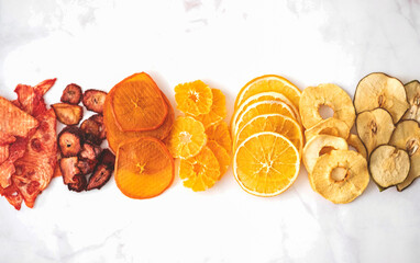 various multicolored dried fruits, top view