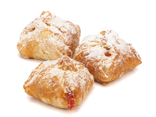 Baked puff pastry with fruit filling on white background