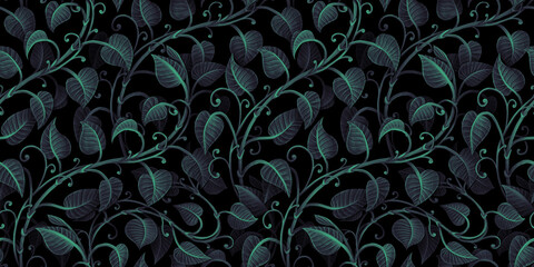Neon ivy leaves, dark glamorous foliage. Seamless pattern design. Floral tropical 3d illustration. Hand-drawn watercolor. Stylish luxury background, wallpapers, cloth, paper, mural, fabric printing.