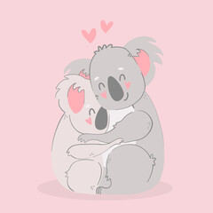 Cute funny cartoon koala couple in love. Animals character with hearts. Valentine day romantic drawing. Kids baby design.