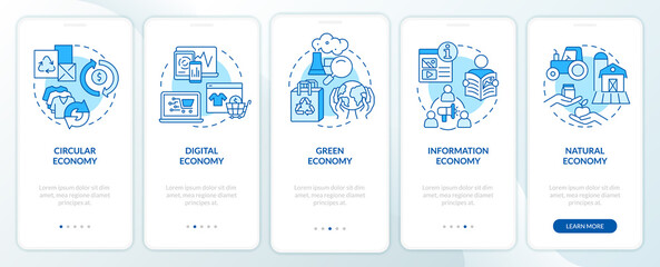 Fototapeta na wymiar Economy models blue onboarding mobile app screen. Marketing strategy walkthrough 5 steps graphic instructions pages with linear concepts. UI, UX, GUI template. Myriad Pro-Bold, Regular fonts used