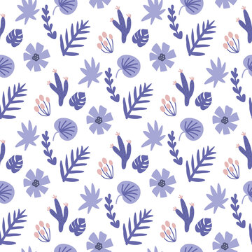 Very peri floral pattern. Tropicla jungle leaves in very peri color. Summer seamless background. Hand drawn natural fabric design. Graphic illustration.