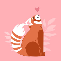 Cute funny cartoon red panda in love. Animals character with hearts. Valentine day romantic drawing. Kids baby design.