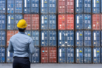 Back View of Caucasian Cargo Container Site Manager Against Stack of  Container Cargo