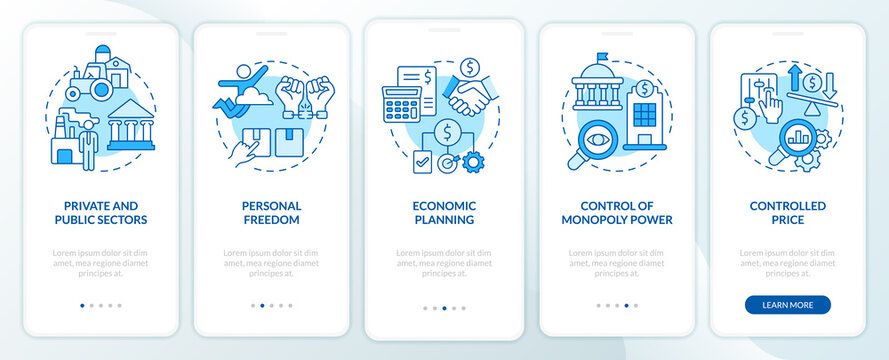 Mixed economy features blue onboarding mobile app screen. State, business walkthrough 5 steps graphic instructions pages with linear concepts. UI, UX, GUI template. Myriad Pro-Bold, Regular fonts used