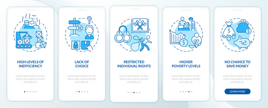 Centrally planned ES disadvantages blue onboarding mobile app screen. Walkthrough 5 steps graphic instructions pages with linear concepts. UI, UX, GUI template. Myriad Pro-Bold, Regular fonts used