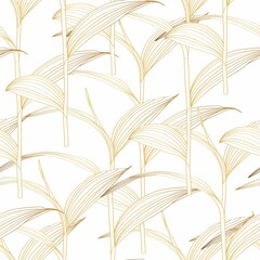 Seamless pattern with golden tropical leaves on white background.