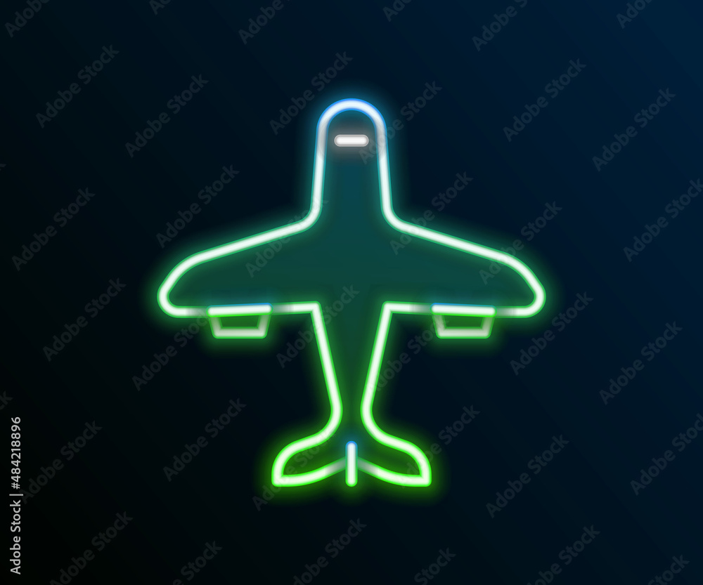 Wall mural glowing neon line plane icon isolated on black background. flying airplane icon. airliner sign. colo