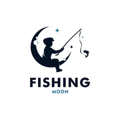 A boy fishing in the moon logo design vector