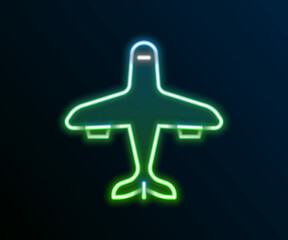 Obraz premium Glowing neon line Plane icon isolated on black background. Flying airplane icon. Airliner sign. Colorful outline concept. Vector