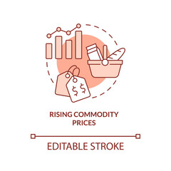 Rising commodity prices red concept icon. Primary product. Market economy cons abstract idea thin line illustration. Isolated outline drawing. Editable stroke. Arial, Myriad Pro-Bold fonts used