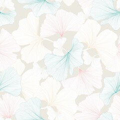 Gingko biloba seamless background pattern. Line leaves background.