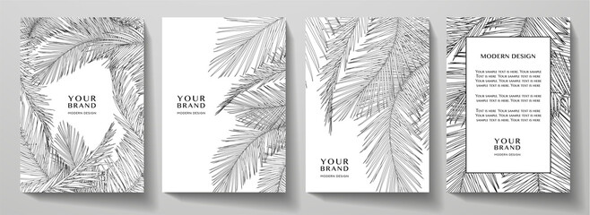 Tropical cover, frame design set with black line palm leaf pattern (palm tree leaves). Premium vector on white background useful for brochure template, exotic restaurant menu, invitation