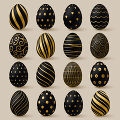 Easter eggs collection. Black and gold 3d elegant design elements.