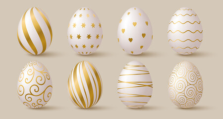 Easter eggs collection. White and gold 3d elegant design elements.