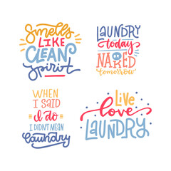 Laundry Service Labels Set, Dry Cleaning Laundry Room Vintage Hand Drawn Badges with cute lettering texts. Color hand drawn Vector Illustration