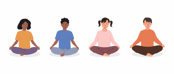 Diverse kids meditating. Children doing yoga exercise. Meditation lesson in kindergarten concept. Set of different race young female and male characters sitting on floor calmly. Vector illustration.