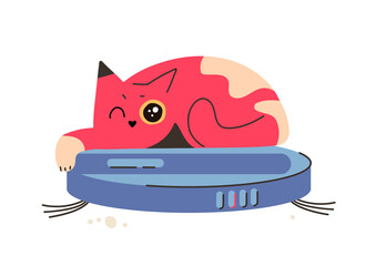 Smart robot vacuum cleaner isolated element. Cat sitting on a working vacuum cleaner, and riding on it. Modern intelligent household appliances for cleaning the apartment. Flat vector illustration.