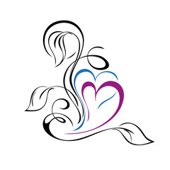 hearts 78. two stylized colored hearts with leaves and swirls. graphic decor