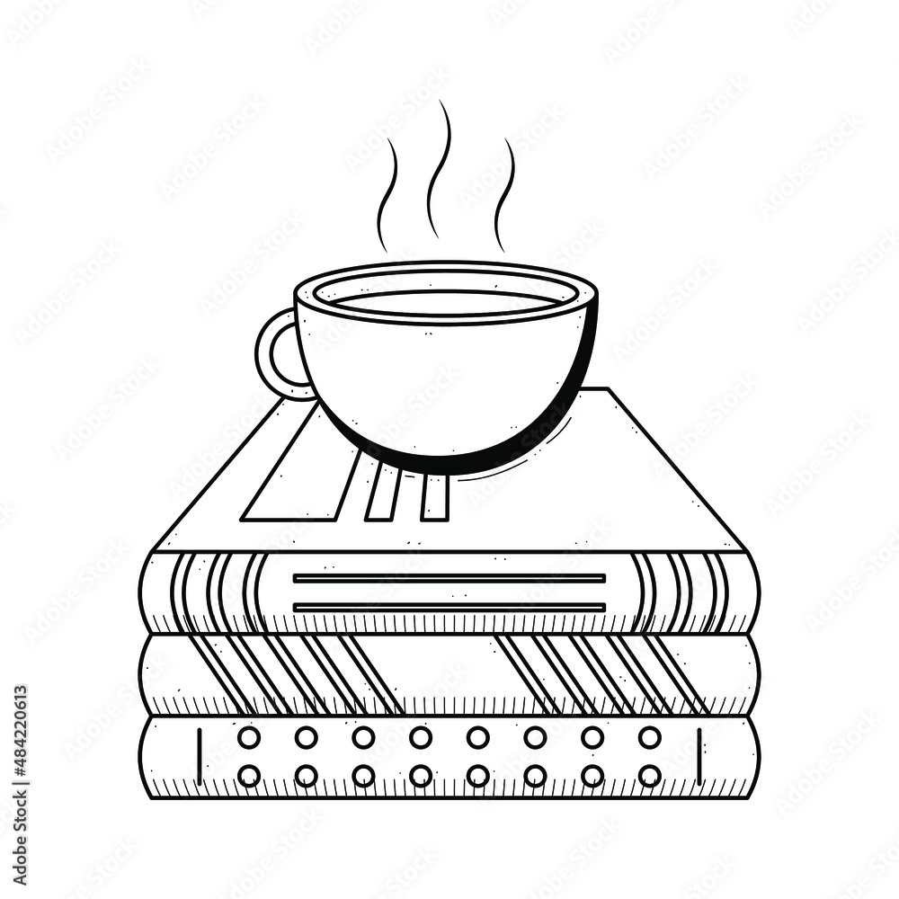 Poster abstract black simple line open book with cup of tee doodle outline element vector design style sket