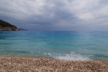 Dark stormy dramatic sky over Ionian sea. Myrtos Beach, Cephalonia island, Greece, Europe
