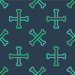 Line Crossed bones icon isolated seamless pattern on blue background. Pets food symbol. Happy Halloween party. Vector