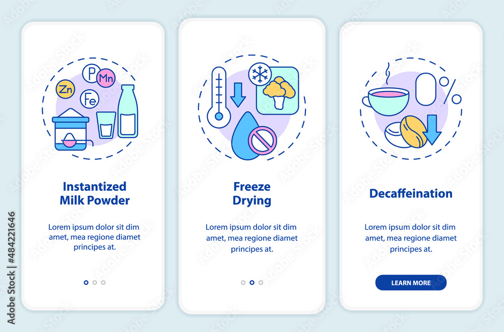 Poster food technology onboarding mobile app screen. processing products walkthrough 3 steps graphic instru