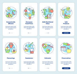 Food issues onboarding mobile app screen set. Additives and gmo products walkthrough 4 steps graphic instructions pages with linear concepts. UI, UX, GUI template. Myriad Pro-Bold, Regular fonts used
