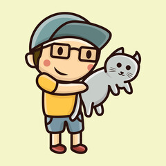 Cute boy with cat cartoon vector icon illustration logo mascot hand drawn concept trandy cartoon
