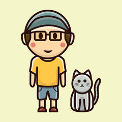 Cute boy with cat cartoon vector icon illustration logo mascot hand drawn concept trandy cartoon
